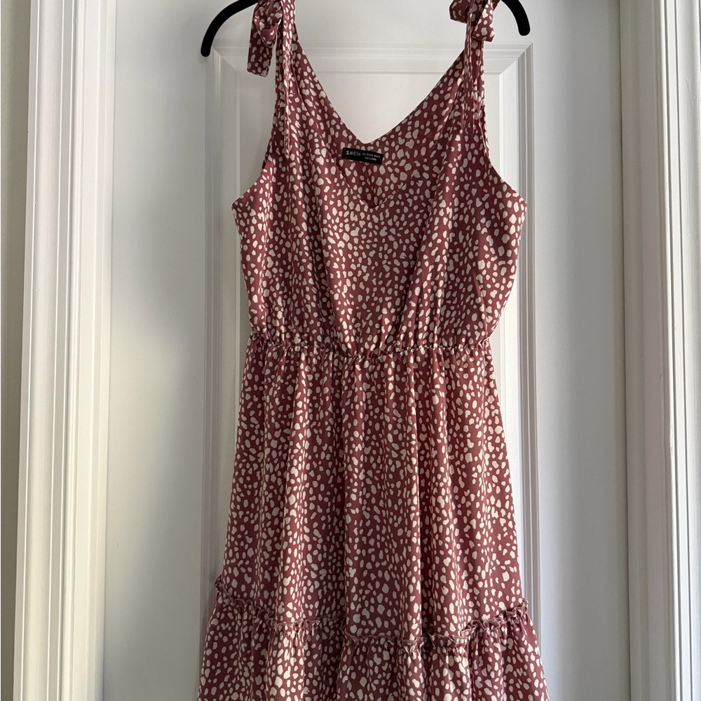 SHEIN Mauve Rose-Print Tiered Tie-Shoulder Midi Dress